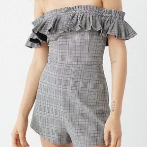 Urban Outfitters Plaid Off Shoulder RomperSize: 6